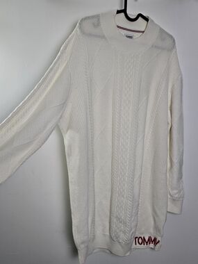 Tommy Hilfiger White Cable-Knit Sweater Dress with Logo Hem